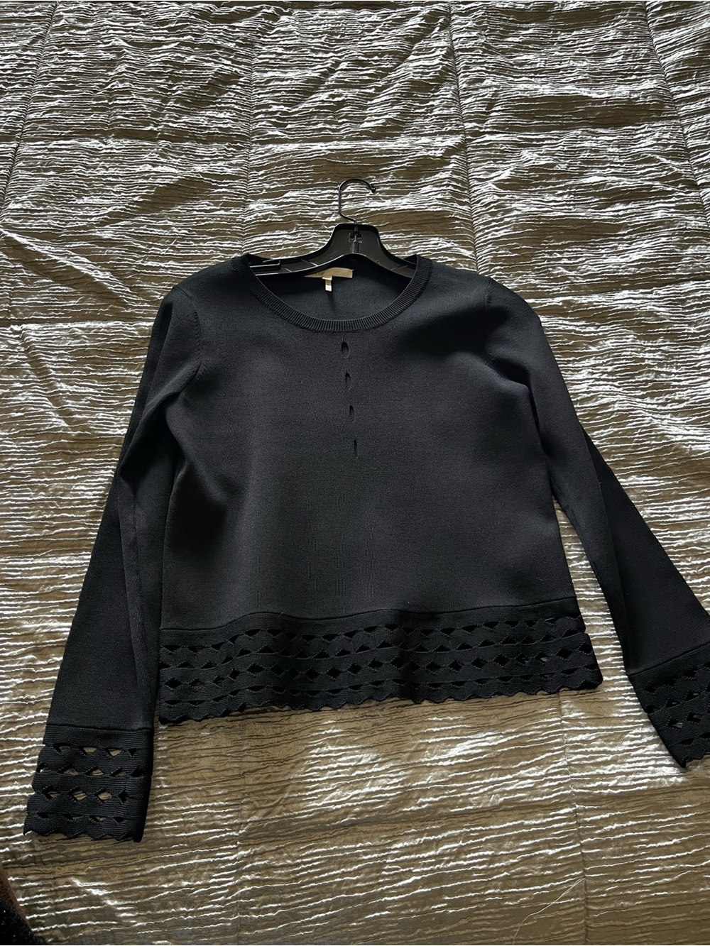 Maje Black Knit Long-Sleeve Top with Eyelet Trim